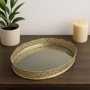Vintage Oval Gold Vanity Tray Mirror | Ornate Hollywood Regency Decor